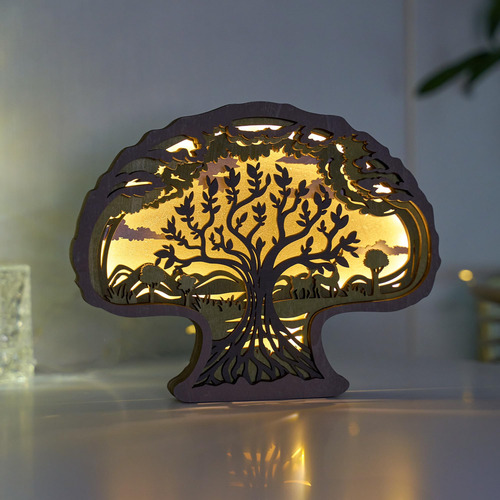 Lámpara De Noche Led Tallada En Madera Árbol De La Vida