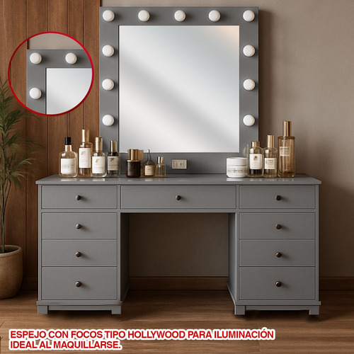 Tocador Estilo Hollywood Con Focos Espejo Camerino Blanco