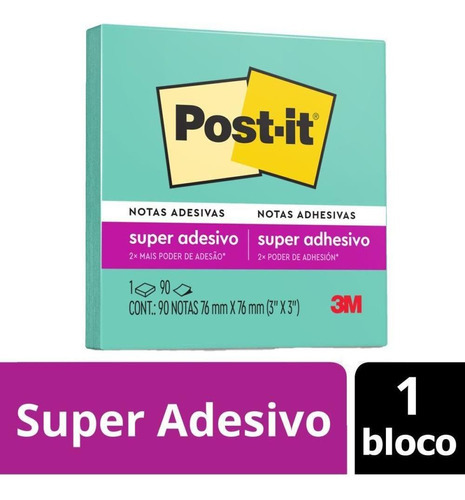 Bloco De Notas Adesivas Post-it Com 90 Folhas 76mmx76mm Cor Azul Acqua
