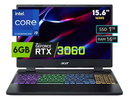 Acer Nitro 5 Core i9-12900H 16 GB 1 TB Ssd Rtx3060 15,6 pés 165 hz Cor preta