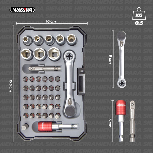 Juego de Dados y Puntas con 42 Pieza De Cromo Vanadio con Mini Llave, Liberador Rápido, Barra De Extensión Y Estuche De Uso Profesional Modelo KN 9042X KNOVA