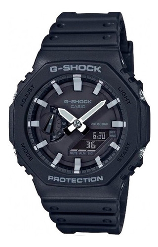 Reloj de pulsera Casio G-Shock GA-2100 de cuerpo color negro, analógico-digital, para hombre, fondo negro, con correa de resina color negro, agujas color gris y blanco, dial gris, subesferas color negro, minutero/segundero negro, bisel color negro y gris, luz blanco y hebilla simple