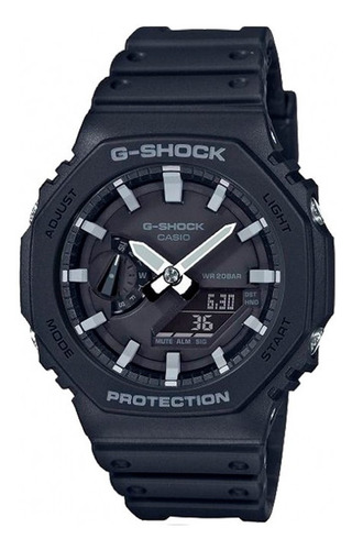 Imagen 1 de 2 de Reloj de pulsera Casio G-Shock GA-2100 de cuerpo color negro, analógico-digital, para hombre, fondo negro, con correa de resina color negro, agujas color gris y blanco, dial gris, subesferas color negro, minutero/segundero negro, bisel color negro y gris, luz blanco y hebilla simple