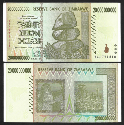 Grr-billete De Zimbabwe 20 Billones De Dollars 2008 !!!