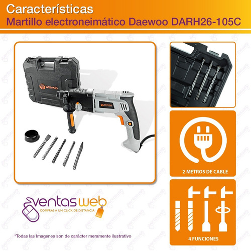 Imagen 3 de 5 de Rotomartillo Cincelador Daewoo 2,8j 1050w + Maletin Y Mechas