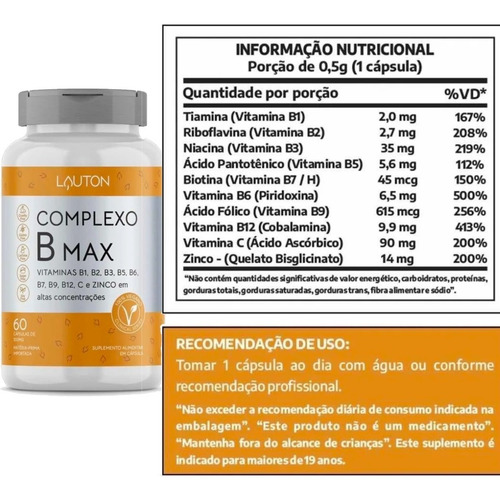 Lauton Nutrition Complexo B Max 60 Cápsulas Sem Sabor
