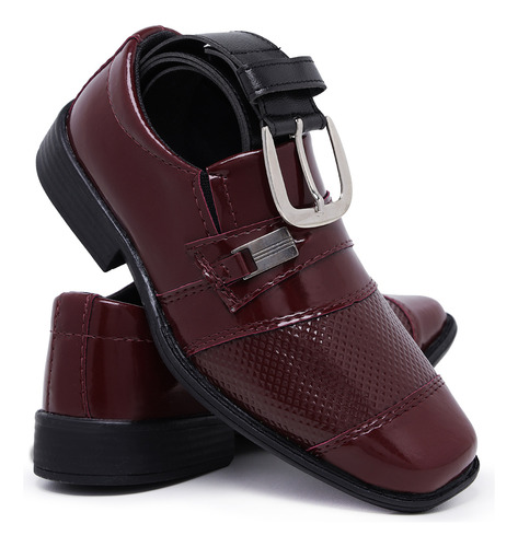 Kit Sapato Social Infantil Bico Quadrado Verniz Com Cinto