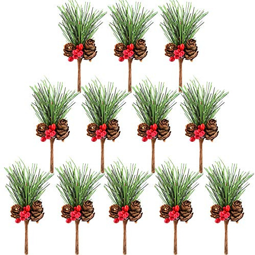 12 Pcs Artificial Pine Cone Picks Decor Holly Berry Ste...