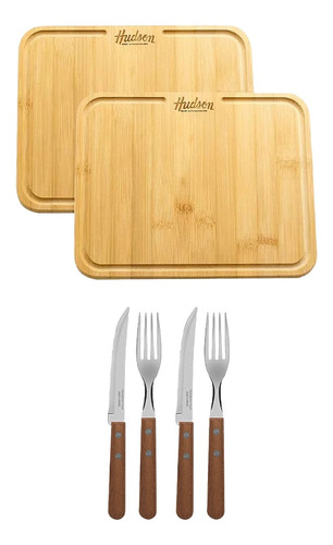 Set Cubiertos Dynamic X4 Platos Asado Madera Rectangular X2