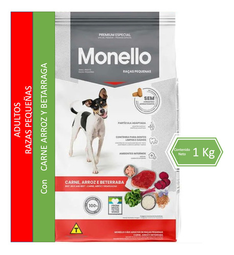 Alimento Para Perro Monello Premium Especial Adulto Raza Pequeña Carne Arroz Y Betarraga 1kg 24% Proteína Bruta Bolsa