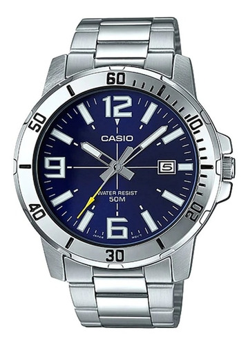 Reloj Casio Hombre Mtp-vd01d, 50m, Fechador, Color Del Fondo Azul Color De La Correa Plateado Color Del Bisel Plateado