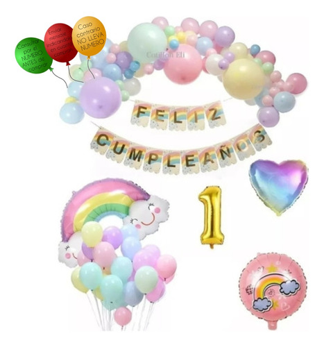 Combo Globos Feliz Cumple Arco Iris Banderin Numeros 