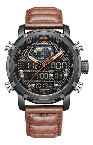 Relógio masculino analógico-digital Naviforce 9160, pulseira marrom, moldura preta, fundo preto