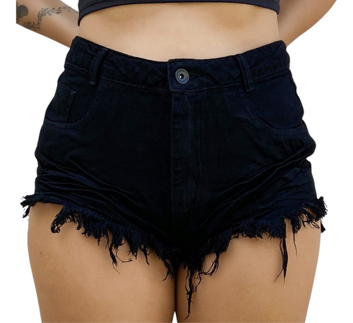 Shorts Jeans Preto Feminino Cintura Alta Desfiado St007