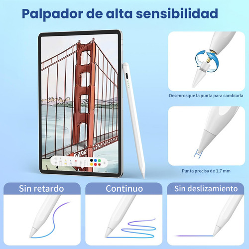 Lápiz Óptico Stylus Pluma Tactil Capacitivo Para iPad/iPad Air/ iPad Mini/ iPad Pro Con Función De Fijación Magnética Y Sensor De Inclinación, Punta De Repuesto Reemplazable, Carga Rápida Usb-c
