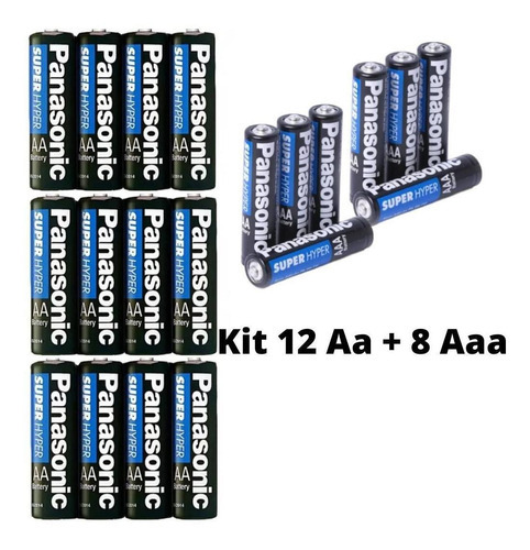 Kit Pilha Panasonic Aa 12 Un + Aaa 8 Un Comum Original