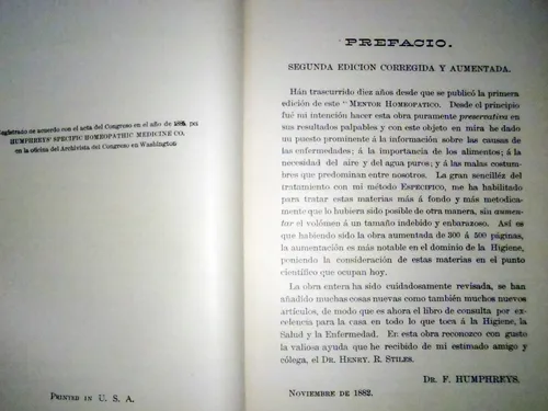 1882 Libro Homeopatia - Humphreys - Medicina - En La Plata (Usado)