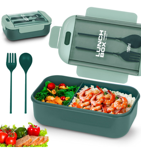 Lunch Box Bento Lonchera Térmica 1.1 L Con Cuchara Tenedor Color Verde Lunch Box Rectangular