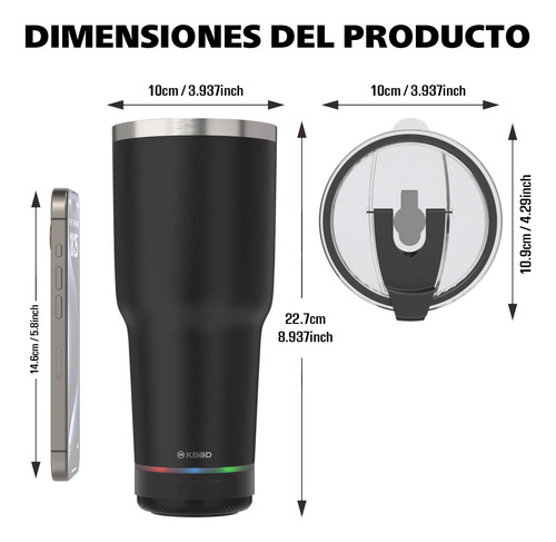 Vaso Térmico Con Bocina Bluetooth De 900 Ml Kbod Rad-20431 Negro Liso