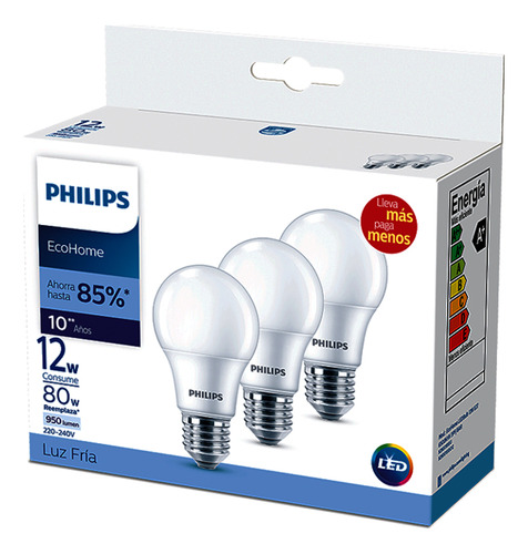 Lámpara Philips Ecohome Ledbulb 12w E27 Fría Pack X3