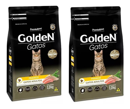 Kit 2 Unidades Premier Ração Golden Gatos Adultos Frango 1kg