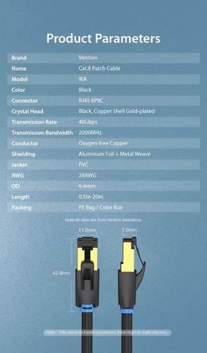 Imagen 8 de 8 de Cable De Red Vention Sstp Cat8 40000mbps - 0,5 Metros