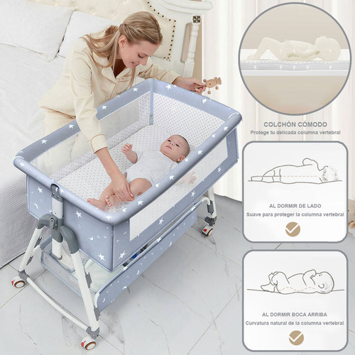 Cuna Plegable Bebe, Cama Altura Regulable Mosquitero Abatible,Colecho Cuna Multifuncional, Corral Con Colchón Mosquitera Color Light Gray