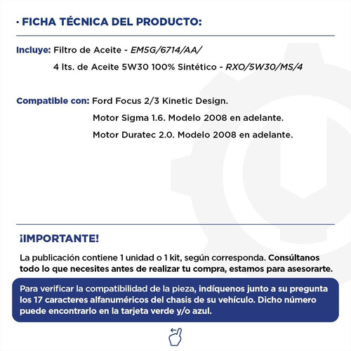 Imagen 2 de 10 de Kit Aceite Sinté. Motorcraft 5w30 + Filtro Aceite Ford Focus