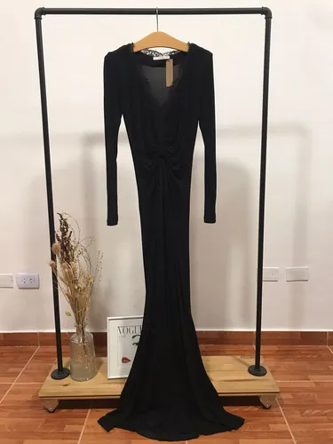 Vestido Negro Awada Con Puntilla Escote V Y Frunce Talle 2 (Usado)