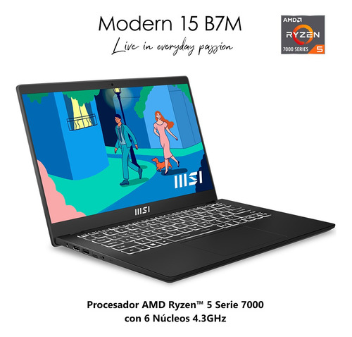 Laptop Thin & Light MSI Modern 15 B7M-458MX Ryzen 5 7430U AMD Radeon Graphics 8GB RAM 512GB SSD 15.6" FHD 60Hz Negra,Teclado en español/2 años de garantía