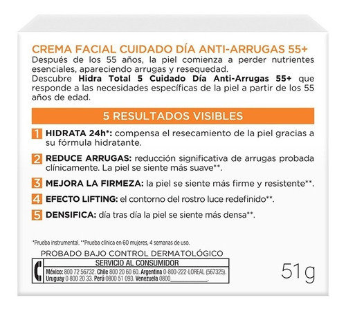 Crema Facial Antiarrugas +55 Loréal Paris Hidra-total X 50ml Tipo de piel Todo tipo de piel