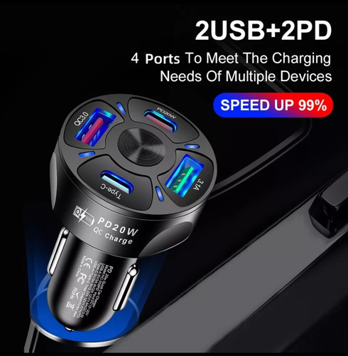 Imagen 4 de 5 de Cargador Rápido 30 W De Auto / 3,1 A / 4 Puertos / Usb Y C