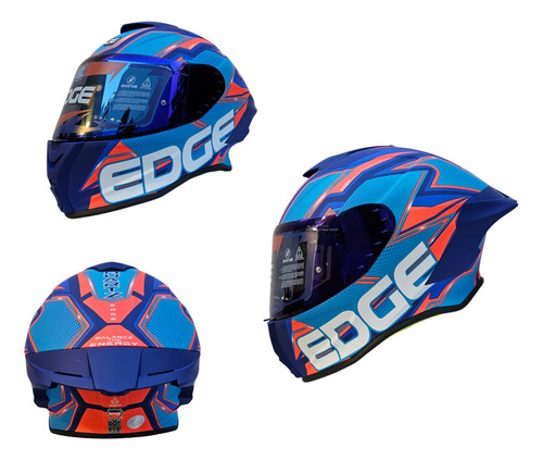 Casco Moto Integral Edge Shangai Naranja y Azul mate talla L (59 - 60 cm)