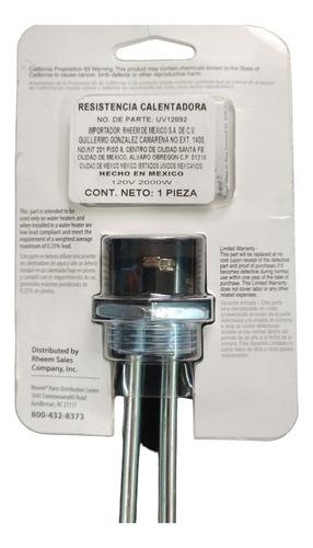 Elemento De Calentamiento - 120v 2000w - Rheem - Uv12892