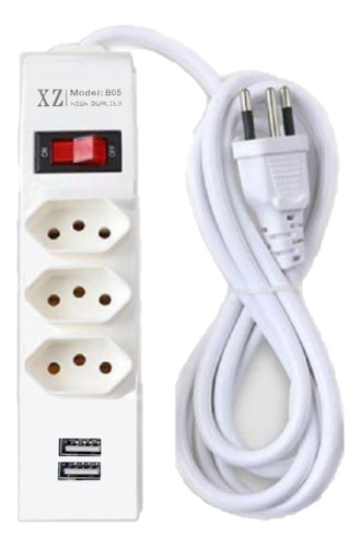 Extensão Elétrica 3 Tomadas Régua Bivolt Com 2 Usb Cabo 3m