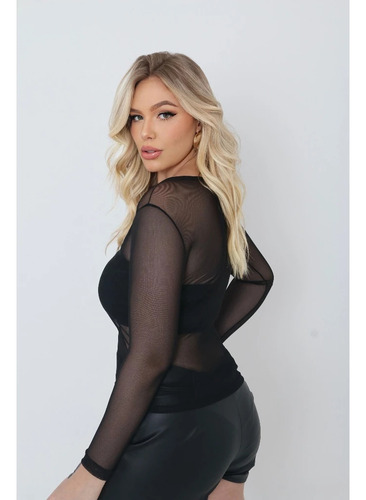 Blusa Tule Tshirt Básica Feminina Manga Longa Gola O