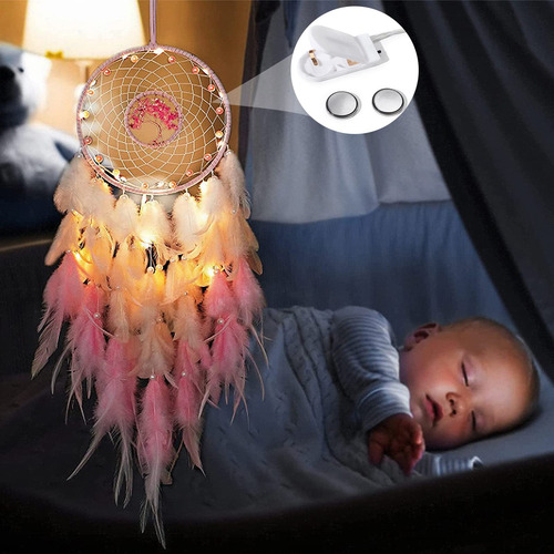 Atrapasueños De Cristal Con Luces Led Y Plumas Rosa