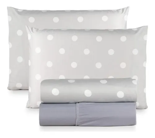 Jogo De Lençol Casal 400 Fios 4 Peças Conforto Premium Cama Bolinhas Cinza Estampado
