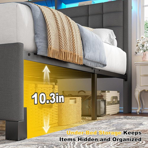 Base De Cama Matromial Con Estacion De Carga Y Luz Led Gris Gris