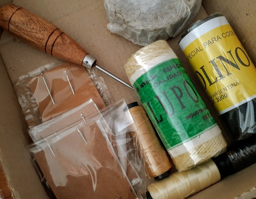 Imagen 2 de 6 de Kit Costura De Cuero Insumos Herramientas Hilos Cera