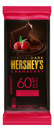 Chocolate Amargo 60% Cacau Cranberry Special Dark Hershey's  pacote 85 g