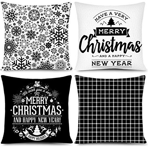 Fundas De Almohada Blancas Y Negras Motivo Navideño, F...