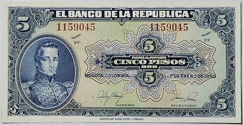 Billete 5 Pesos 01/ene/1950 Colombia Unc