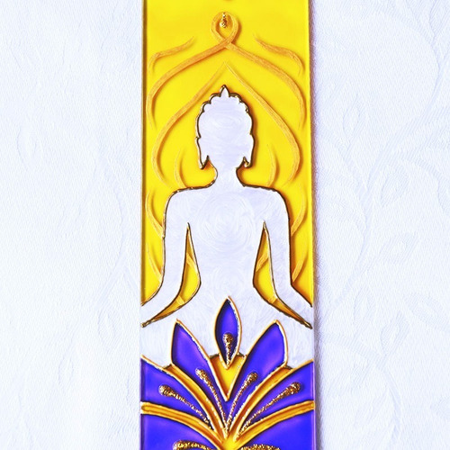 Incensário Buda Amarelo E Violeta Retangular, Pintura Vitral