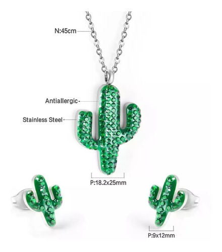Imagen 3 de 3 de Conjunto De Collar Y Aretes De Cactus Con Cristales En Acero