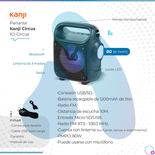 Imagen 2 de 9 de Parlante Kanji Circus Portatil Inalambrico Rgb Bluetooth