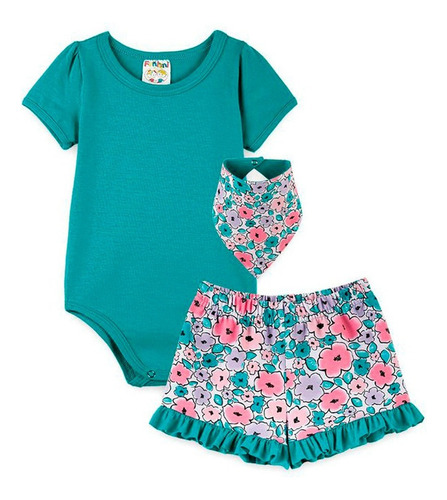 Conjunto Infantil Body Shorts E Babador Menina Algodão Baby