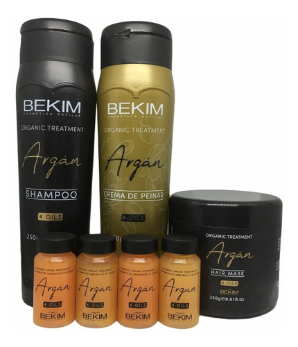 Kit Bekim Argán Shampoo+máscara+crema De Peinar + 4 Ampollas