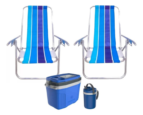 Combo Verano 2 Reposeras + 1 Conservadora 20l +1 Bidon 2,5l Color Azul