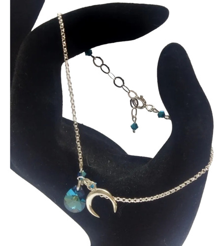 Pulsera Cristales De Swarovski Y Dije Luna Cadena Plata Fina